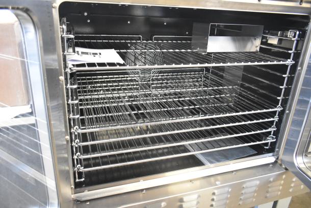 Brand new 2024 Rocket Cooking ENCVE-3-208 convection oven, scratch and dent, with view-through doors, thermostatic controls, 208V, 3-phase.