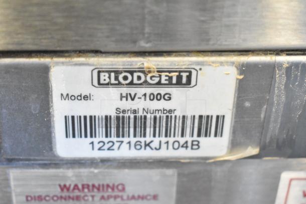 Blodgett HV-100G label showing model and serial number on stainless steel surface, indicating commercial oven details.