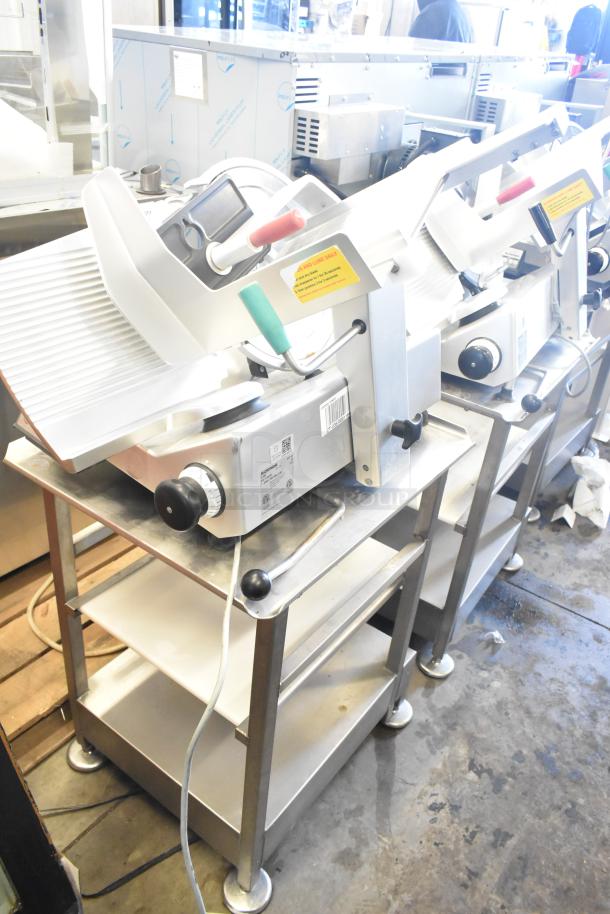 2017 Bizerba GSP HD meat slicer on equipment stand, 120V, 1 phase. Excellent condition, visible control panel, safety labels.