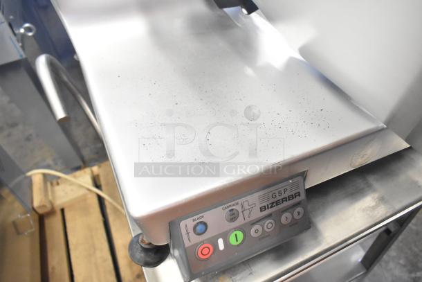 2017 Bizerba GSP HD meat slicer with electronic controls on equipment stand. Model label visible. Used condition.