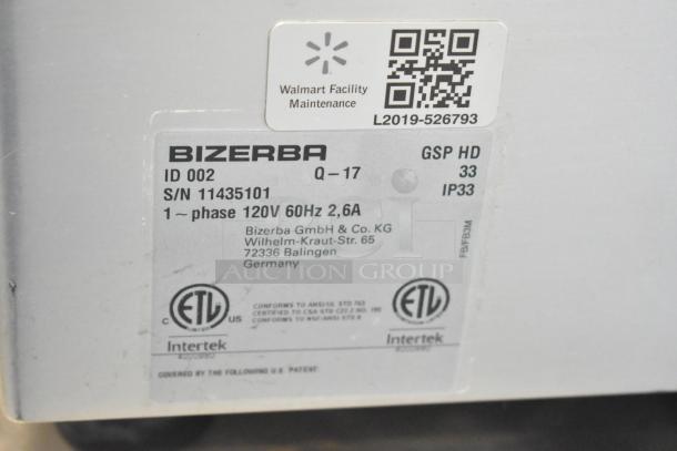 2017 Bizerba GSP HD meat slicer label. Includes model, serial number, voltage (120V, 1 phase), and certifications.