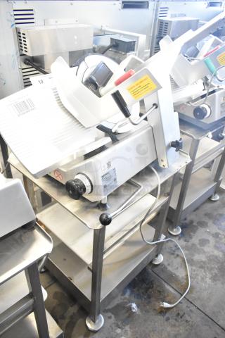 Bizerba GSP H commercial meat slicer on equipment stand. Features adjustable knob, visible labels; 120V, 1 phase.