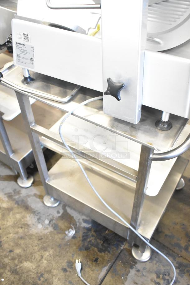 Bizerba GSP H commercial countertop meat slicer on equipment stand, 120V, 1 Phase, visible controls and power cord, sturdy build.