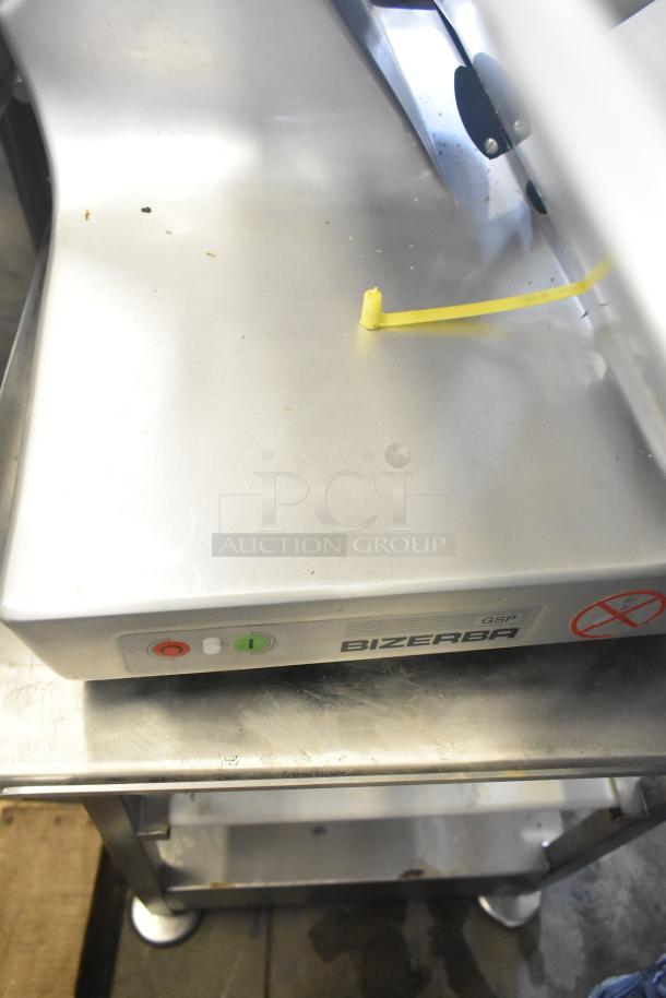Bizerba GSP H commercial meat slicer on equipment stand. Features controls and markings. 120V, 1 phase.