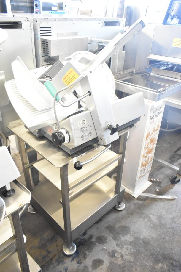 2018 Bizerba GSP HD meat slicer on equipment stand, 120V, 1 Phase. Stainless steel finish, adjustment controls visible.