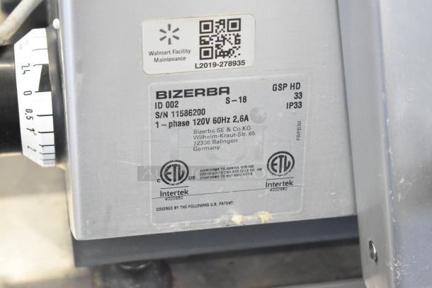 2018 Bizerba GSP HD commercial meat slicer with 120V, 1-phase power. Features label with model and serial number.