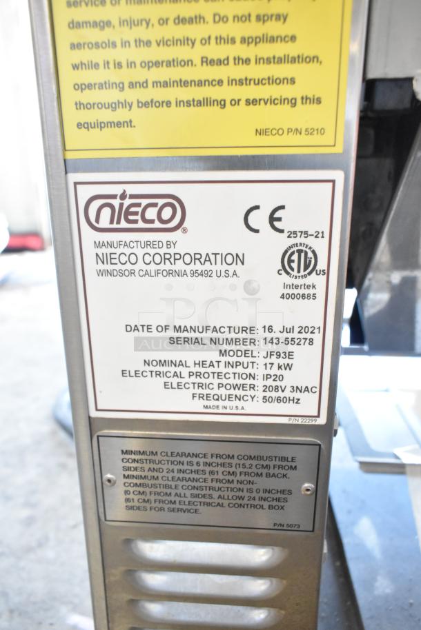 2021 Nieco JF93E electric conveyor charbroiler grill. Model details: 208V, 3 Phase, 17kW, IP20. Serial: 143-55278.