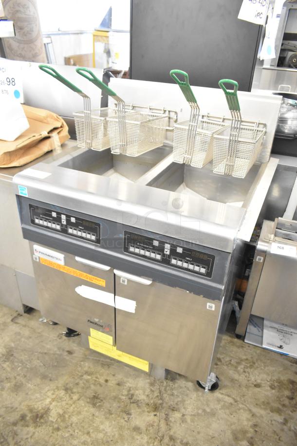 BRAND NEW 2021 Frymaster FPPH255CSE propane deep fryer with 4 metal baskets, filtration system, and commercial casters, 80,000 BTU.