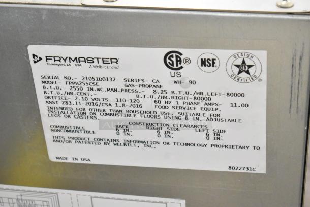 2021 Frymaster FPPH255CSE commercial propane deep fryer, 80,000 BTU, with filtration system. Brand new, includes 4 metal baskets.