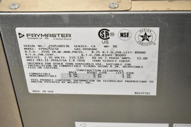 2021 Frymaster FPPH255CSE propane gas fryer label. Shows model, BTU rating, and certification marks. Made in USA.