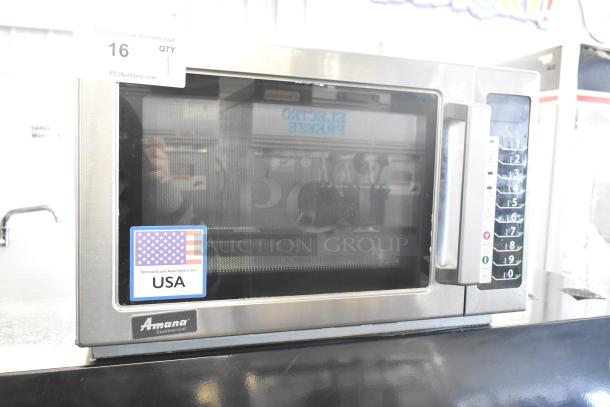 2021 Amana RCS10TS Commercial Microwave Oven, 120V, 1 Phase, stainless steel, keypad, USA-made label visible.