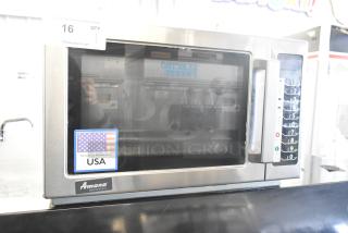 2021 Amana RCS10TS Commercial Microwave Oven, 120V, 1 Phase, stainless steel, keypad, USA-made label visible.