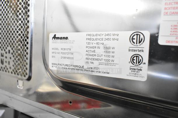 2021 Amana RCS10TS commercial microwave oven label, 120V, 1 phase, 1500W power. Model and serial numbers visible.