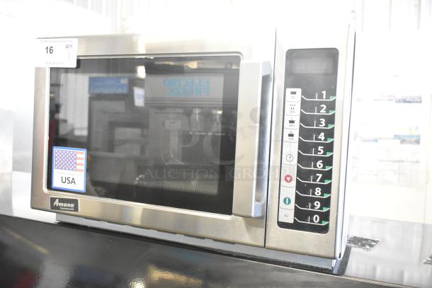 2021 Amana RCS10TS Commercial Microwave Oven, stainless steel, digital controls, 120V, 1 phase, USA-made label.