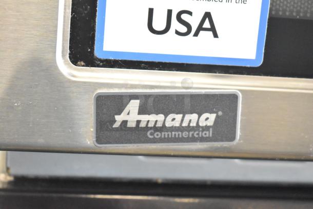 2021 Amana RCS10TS Commercial Microwave, 120V, 1 Phase. Amana logo and "Assembled in USA" tag visible.