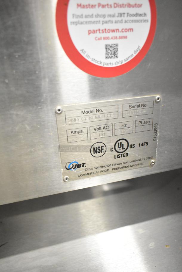 LATE MODEL JBT 2ND-GEN-MFJ-HE citrus juicer, commercial floor style, 120V, 1 Phase. Secure on commercial casters.