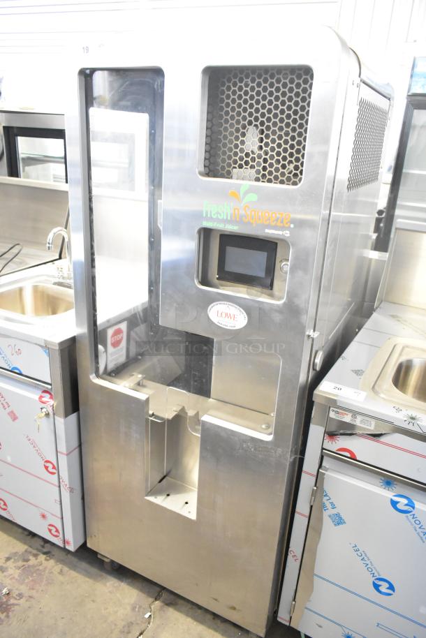 LATE MODEL JBT 2ND-GEN-MFJ-HE Fresh N Squeeze citrus juicer, commercial floor style on casters, 120 volts, 1 phase.
