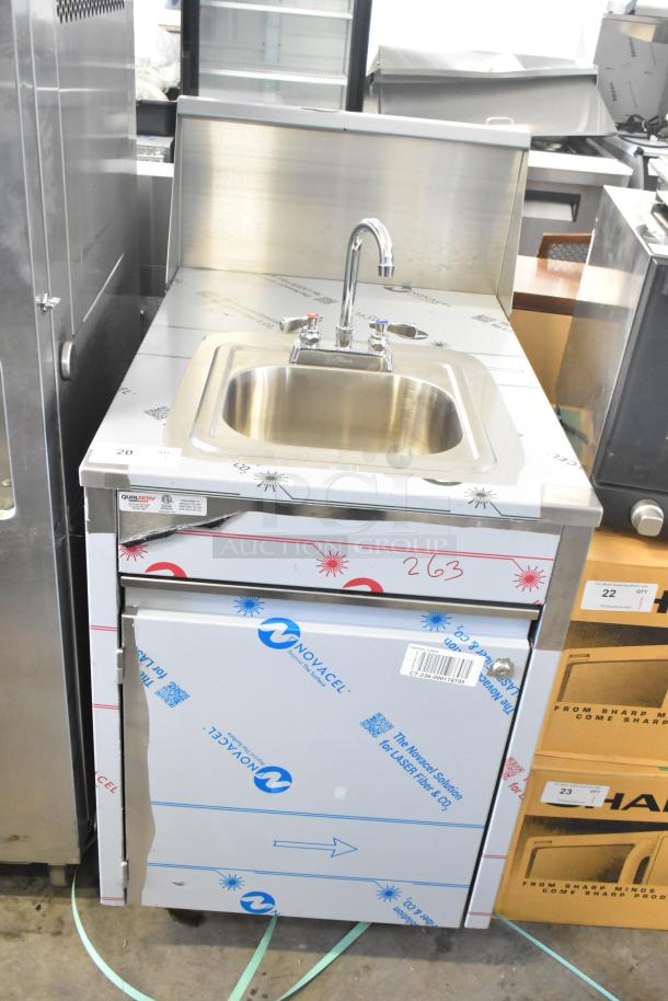 QualServ WMSC24MS single bay portable sink with faucet, commercial casters, protective film, 120V, 1 phase.