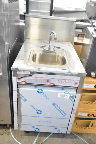 QualServ WMSC24MS single bay portable sink with faucet, commercial casters, protective film, 120V, 1 phase.