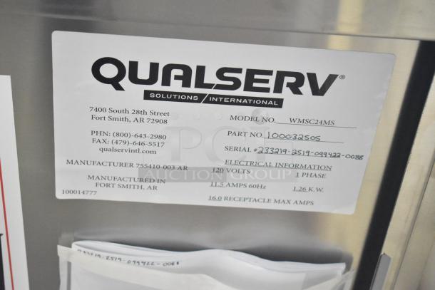 QualServ WMSC24MS single bay portable sink on casters. Features 120 volts, 1 phase, label shows model and contact info.
