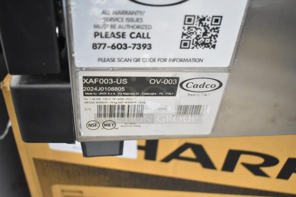 2024 Cadco Unox XAF003-US Roberta convection oven label, 120V, 1 phase, NSF/ETL certified, made in Italy.