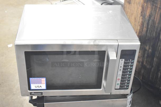2022 Amana RCS10TS Commercial Microwave Oven, 120V, 1 Phase, with keypad controls and USA sticker. Stainless finish.