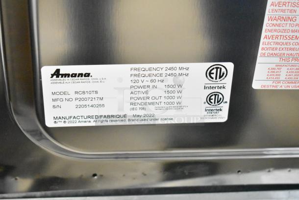 2022 Amana RCS10TS Commercial Microwave Oven label showing model, power details, and ETL certification.