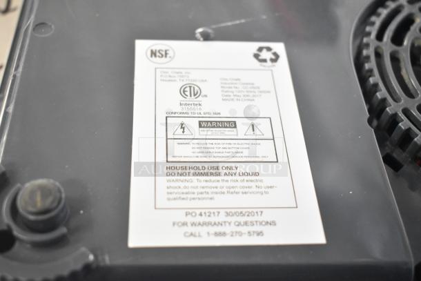 Chic Chefs CC-050S induction range label detailing model, voltage, and safety warnings; includes NSF and Intertek certifications.