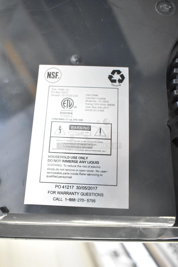 Chic Chefs CC-050S induction burner label, 120V, 1800W, ETL listed, household use, serial info, "Do not immerse," made in China.