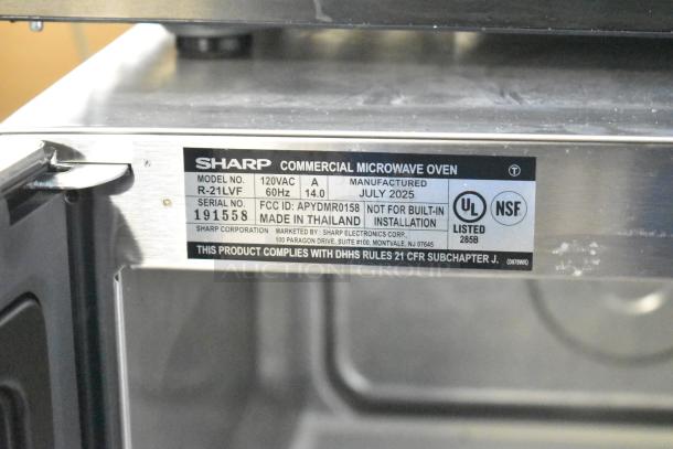 Sharp R-21LVF commercial countertop microwave oven, 120 volts, 1 phase, manufactured July 2025, UL and NSF listed.
