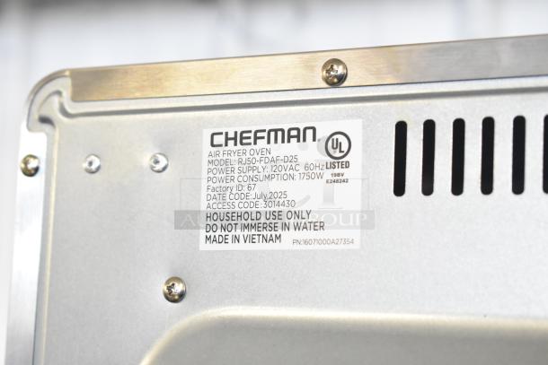 Chefman RJ50-FDAF-D25 Air Fryer Oven label showing model, power, and manufacturing details. Made in Vietnam.