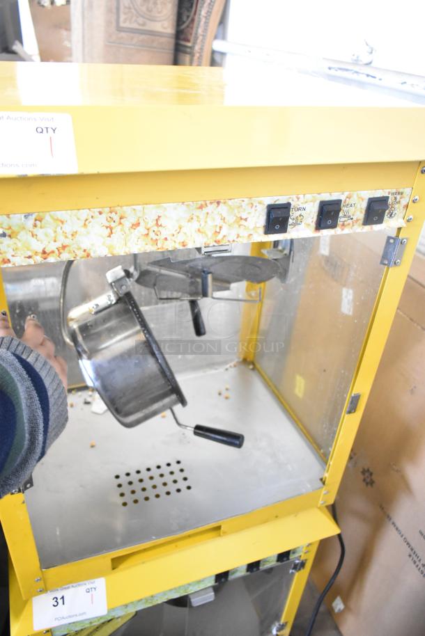 2019 OY-828 Metal Commercial Countertop Popcorn Machine, 110 Volts, 1 Phase. Yellow exterior, controls labeled "Turn," "Heat," "Warm Light."