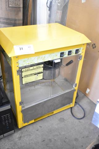 2019 OY-828 Metal Commercial Popcorn Machine, yellow with glass doors. 110 Volts, 1 Phase, model OY-828.