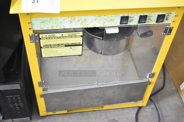 2019 OY-828 Metal Commercial Popcorn Machine, 110V, countertop model. Features glass display and control panel with instructions.