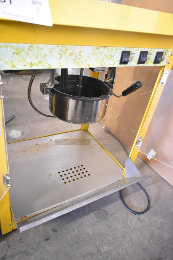 2019 OY-828 Metal Countertop Popcorn Machine, commercial grade, 110V, 1 Phase. Features heating controls, stainless steel kettle.