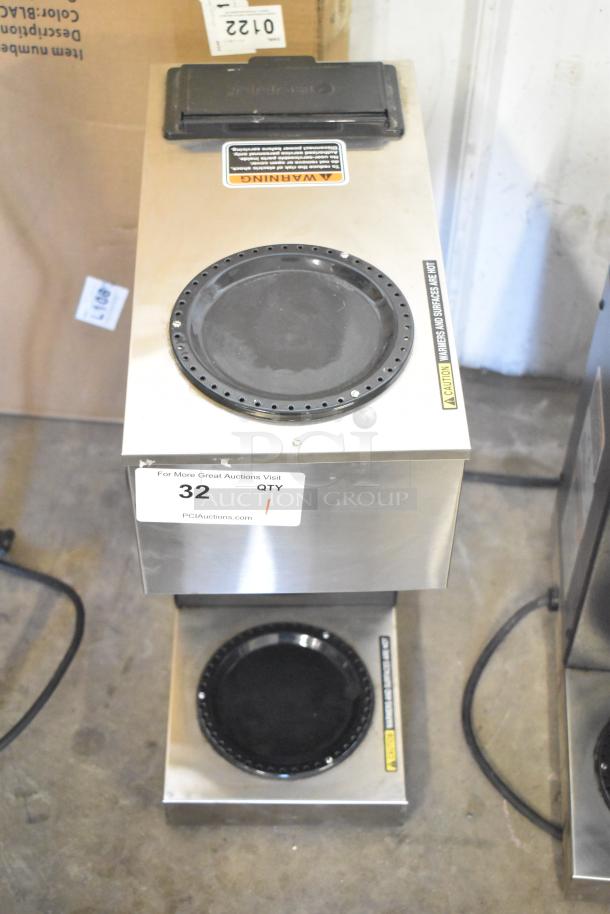 Bunn VPR countertop coffee machine, 2025 model, stainless steel, 120 volts, 1 phase, with dual warming plates and caution labels.