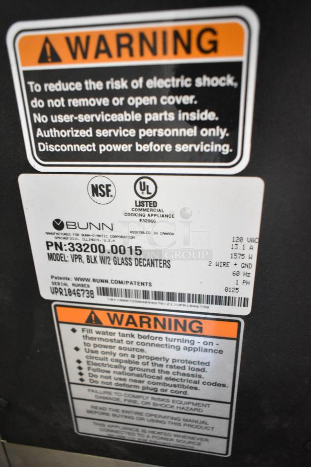 Bunn VPR Countertop Coffee Machine, 120V, 1 Phase. Model PN:33200.0015. Includes NSF, UL labels. Warning tags visible.