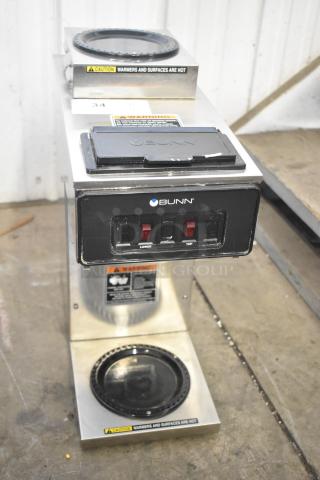 2024 Bunn VP17-2 Coffee Machine, 2 burners, countertop model, 120 volts, 1 phase, visible caution labels, good condition.
