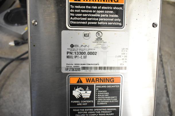 2024 Bunn VP17-2 Coffee Machine, 2 burners, 120V, 1 phase, stainless steel, model and warning labels visible.