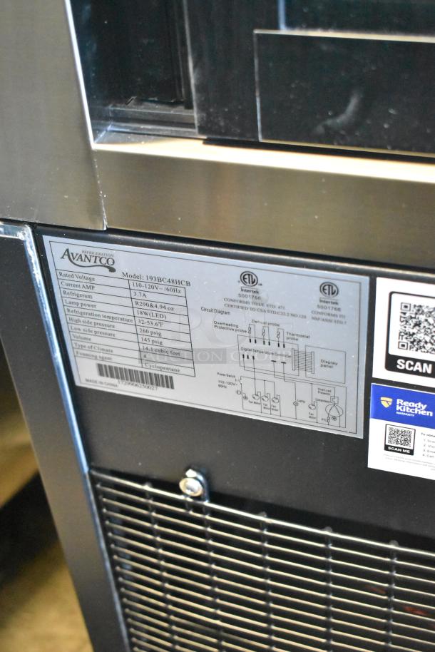 Avantco 193BC48HCB refrigerated bakery display case label showing model info, voltage, refrigerant type, and certifications.