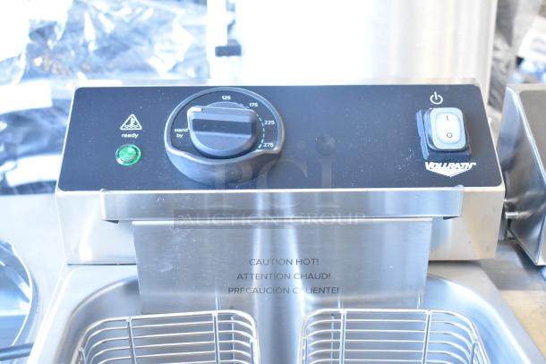 Brand new Vollrath FFEB800 countertop 2-bay fryer; electric, scratch and dent, 208-240V, 1 phase, caution label visible.