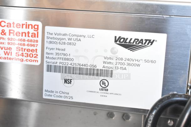 2025 Vollrath FFEB800 countertop electric fryer label showing model, voltage, and certification details. Brand new condition.