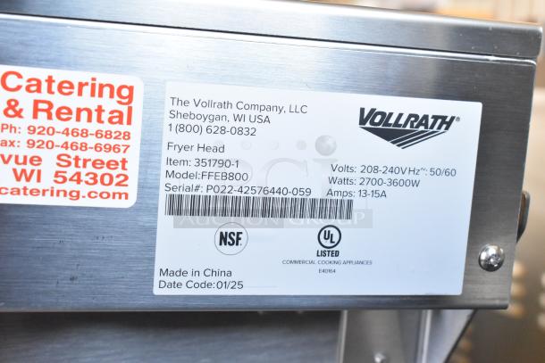 2025 Vollrath FFEB800 countertop fryer label showing model, voltage, wattage, and certification marks. Brand new condition.