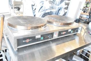 Brand new Krampouz commercial countertop 2-burner crepe maker. Scratch and dent condition, visible "Caution Hot" label.