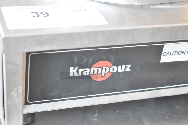BRAND NEW Krampouz 2 Burner Crepe Maker, scratch and dent, commercial countertop model. Logo and caution label visible.