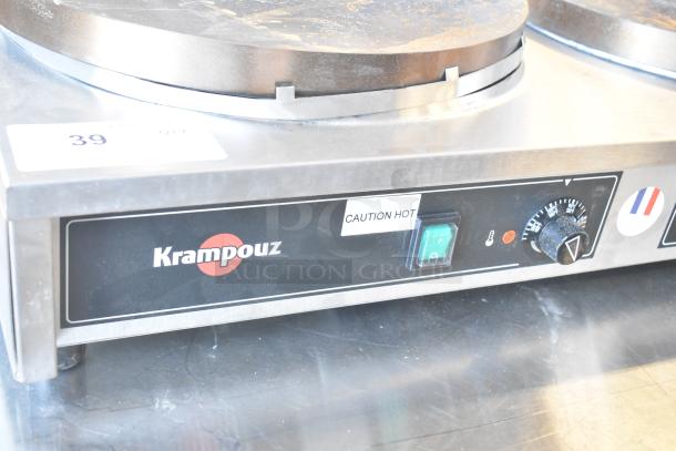 BRAND NEW Krampouz Commercial Countertop 2 Burner Crepe Maker, scratch and dent, with "Caution Hot" label and controls.