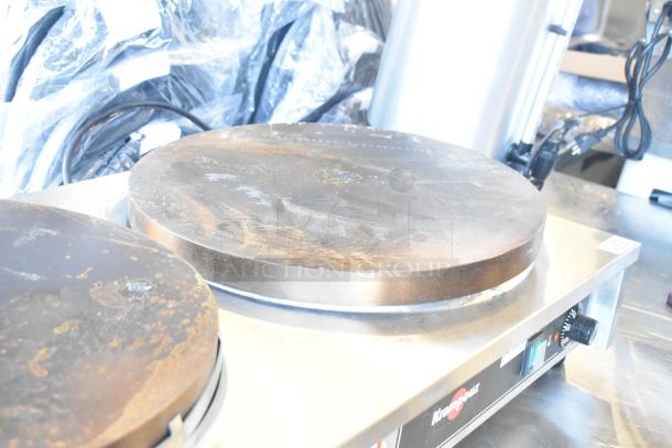 Krampouz commercial countertop 2 burner crepe maker, brand new with scratches. Stainless steel, dial controls visible.