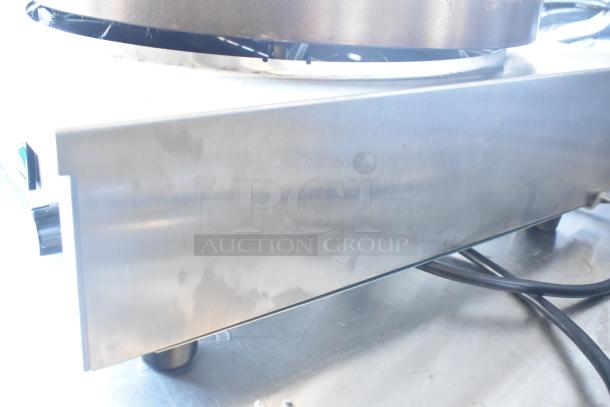 Brand new Krampouz commercial 2-burner crepe maker, scratch and dent, stainless steel exterior, visible wiring.