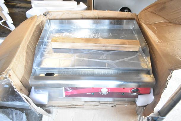 Brand new Avantco 177EG24N 24" electric countertop griddle in box, visible scratch and dent, red front panel, 208/240V, 1 phase.