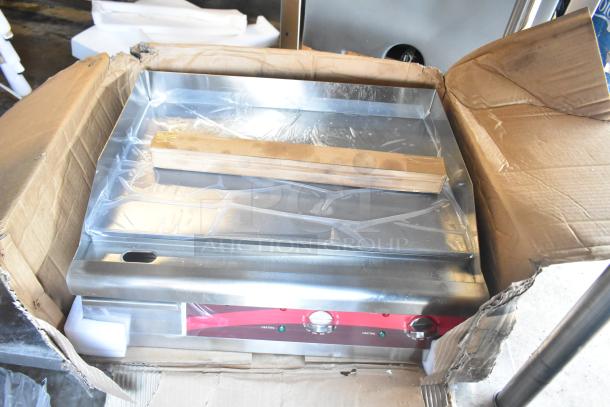 Brand new Avantco 177EG24N 24" electric countertop griddle in open box, showing minor scratches. 208/240 Volts, 1 Phase.